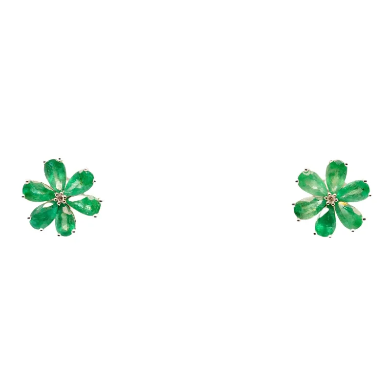 Stud Earrings with Embossed Patterns -14K White Gold Emerald And Diamond Flower Stud Earrings