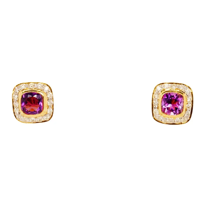 Push Back Stud Earrings for Convenience -14K Gold Amethyst With Diamond Halo Stud Earrings