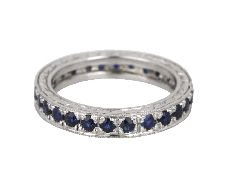 Women’s rings with matte silver for understated -Women's Platinum 0.26ctw Blue Sapphire 3mm Milgrain Eternity Filigree Band Ring