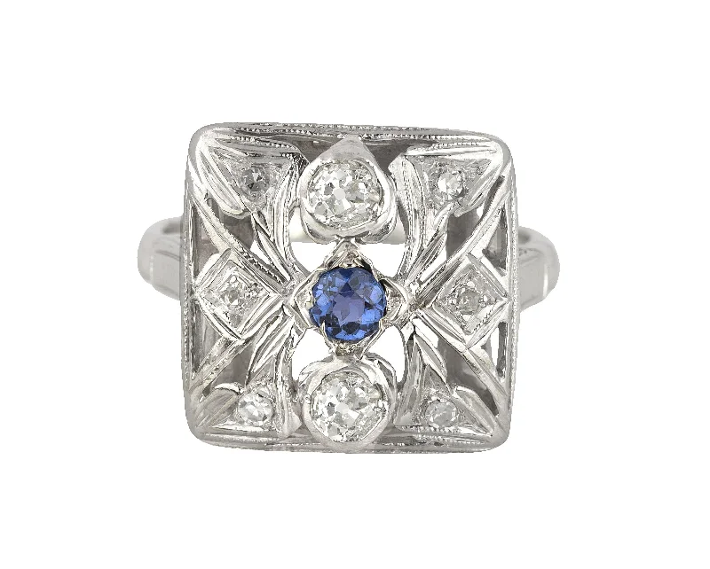 Women’s rings with faceted garnet for richness -Ladies Antique Art Deco 14K White Gold 0.32ctw Diamond Blue Sapphire Ornate Ring