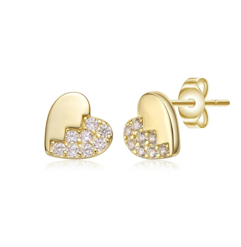 Stud Earrings for Engagement Party -Sterling Silver 14K Gold Plated Clear Cubic Zirconia Heart Stud Earrings