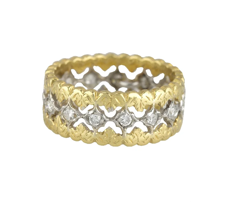 Women’s minimalist rings with polished onyx shine -Buccellati 18K 750 Two-Tone Gold 0.60ctw Diamond Leaf Motif Eternity Band Ring