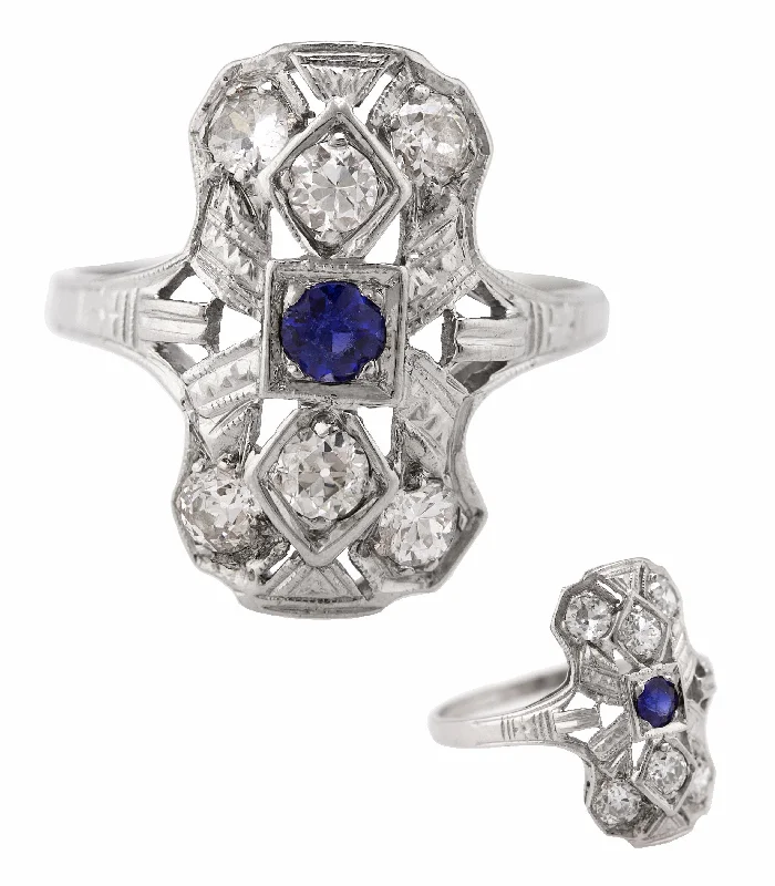 Women’s rings with gothic emerald for drama -Art Deco 14K White Gold 0.66ctw Diamond Blue Sapphire Filigree Dinner Ring