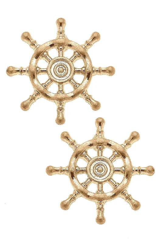 Double Stud Earrings for Impact -Lee Ship's Wheel Stud Earrings in Worn Gold