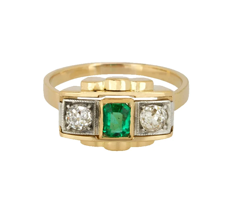 Women’s rings with etched wave band designs -Women's Antique Estate 14K Yellow Gold 0.40ctw Diamond Emerald Cocktail Ring