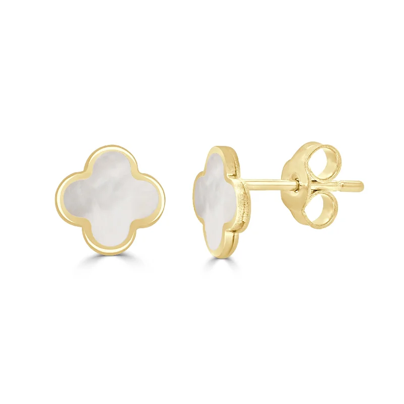 Hypoallergenic Stud Earrings for Sensitive -Italian Gold 14K Yellow Gold Mother of Pearl Clover Stud Earrings 7mm 1.10 grams