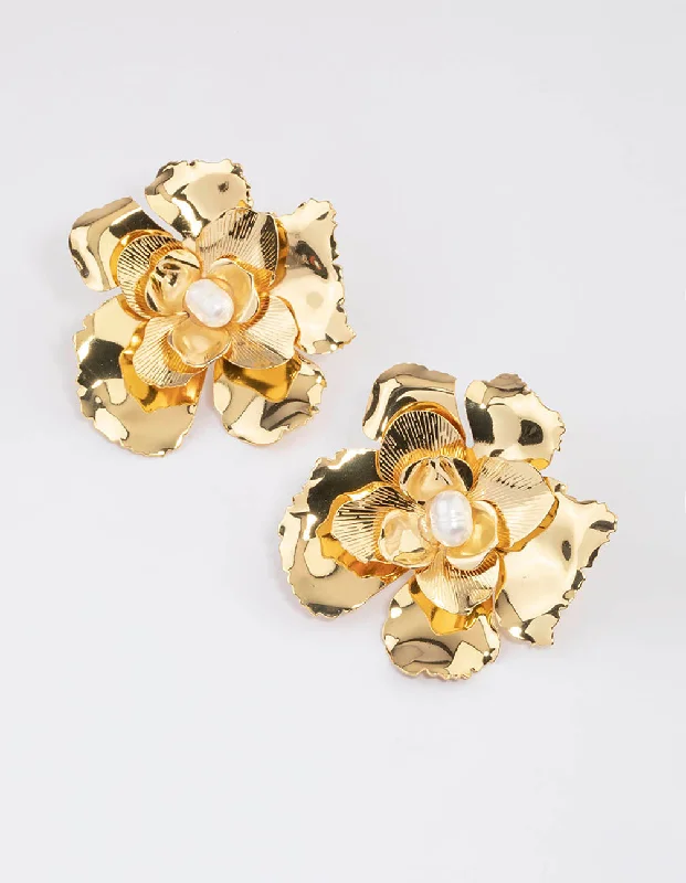 Floral Stud Earrings with Petals -Lovisa - Gold Plated Large Flower Freshwater Pearl Stud Earrings