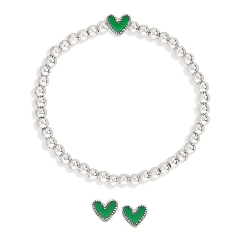 Bangles with blue quartz for cool tones -Heart Stretch Bracelet + Stud Earring Set in Green