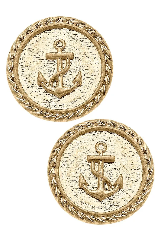 Multi Stud Earrings with Chains -Rosemary Anchor Stud Earrings - Worn Gold