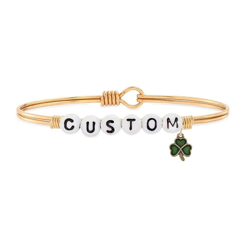 Bracelets with star sapphire for unique shine -Personalized Letter Bead Bangle Bracelet With Shamrock Charm