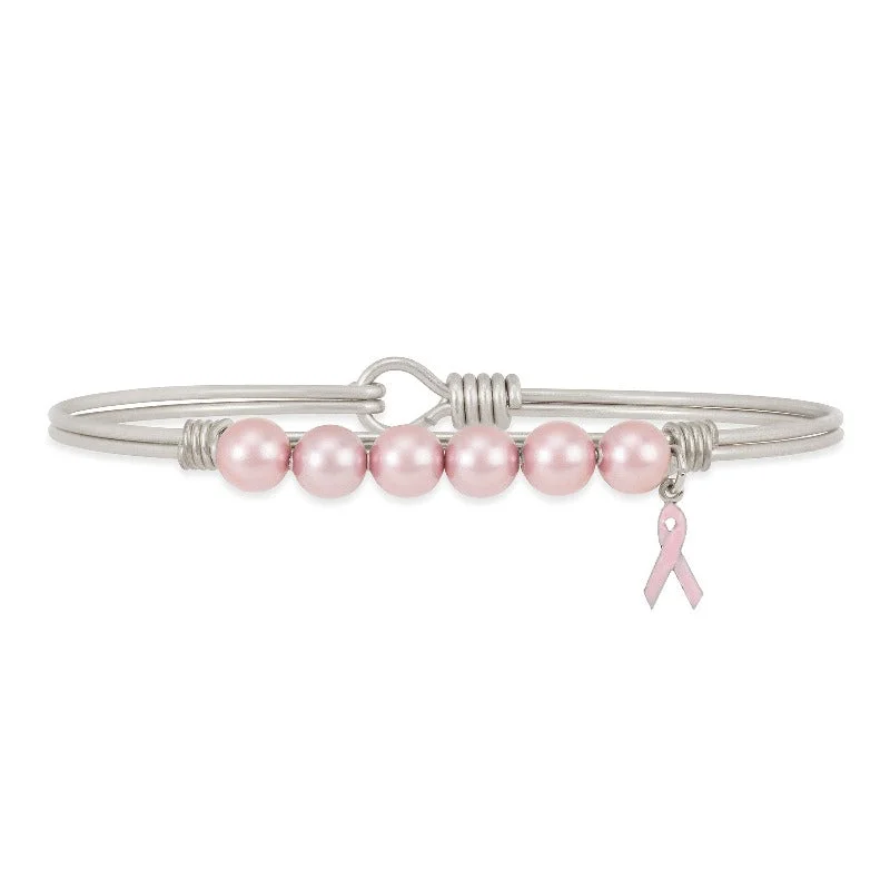 Bracelets with engraved messages for sentiment -Breast Cancer Crystal Pearl Bangle Bracelet