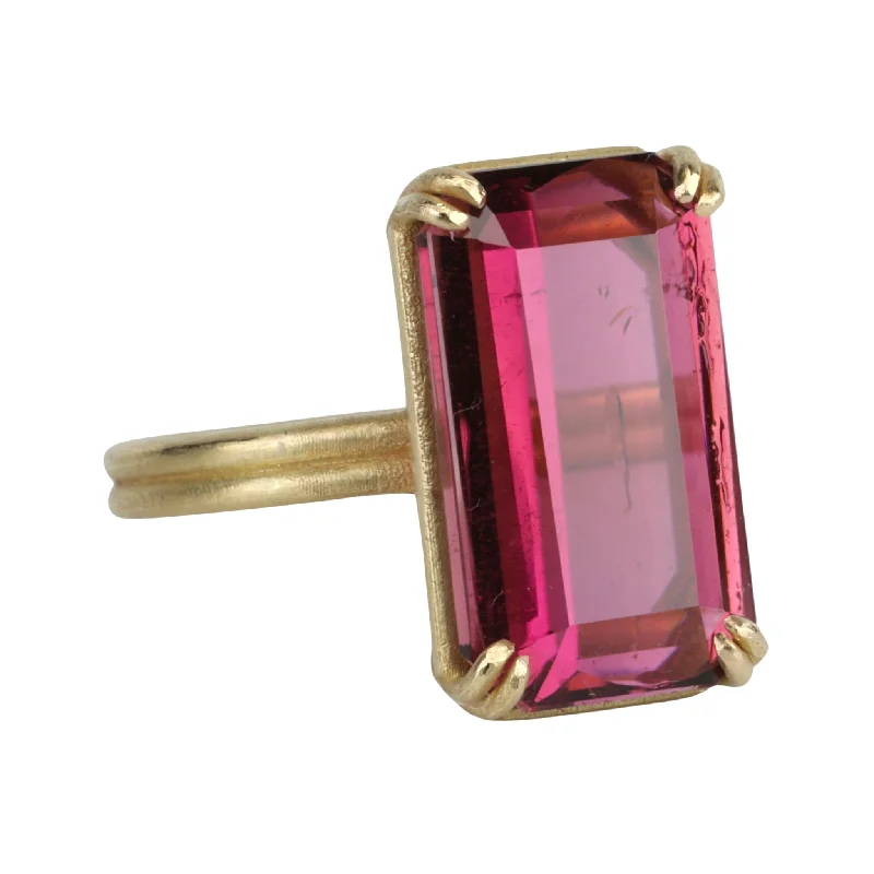 Women’s rings with topaz gems for brilliance -18K Gold Emerald Cut Rubilite Tourmaline Ring with Double Row Shank