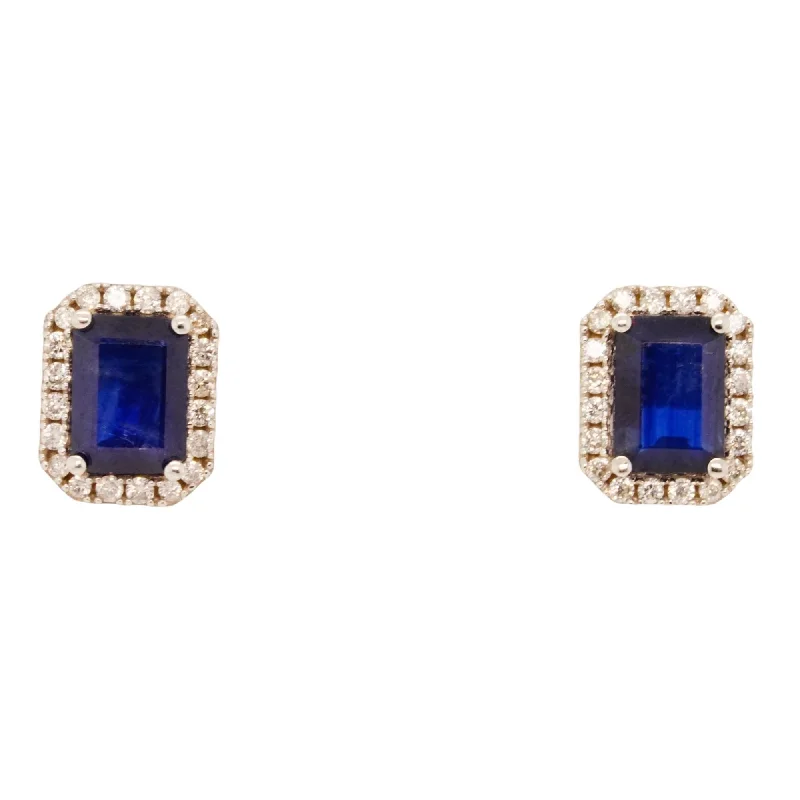 Stud Earrings with Matte Finish -14K White Gold Emerald Shaped Blue Sapphire With Diamond Halo Stud Earrings