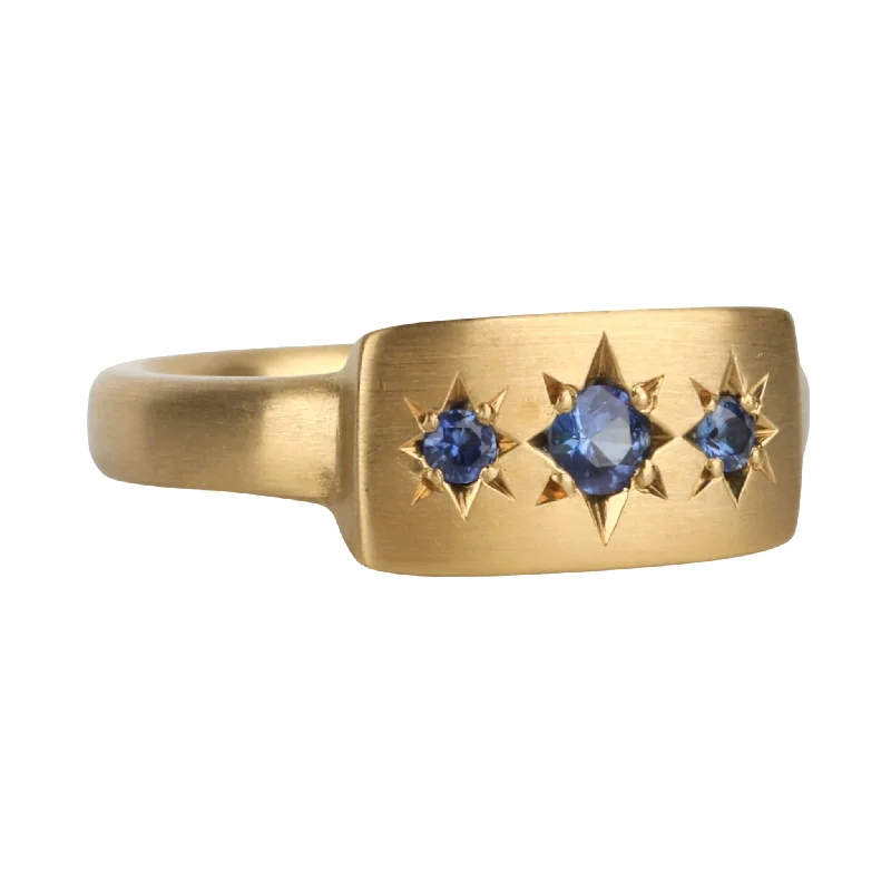 Women’s rings with raw turquoise for texture -20K Chunky Curved Signet Ring with Three Star-Set Blue Sapphires