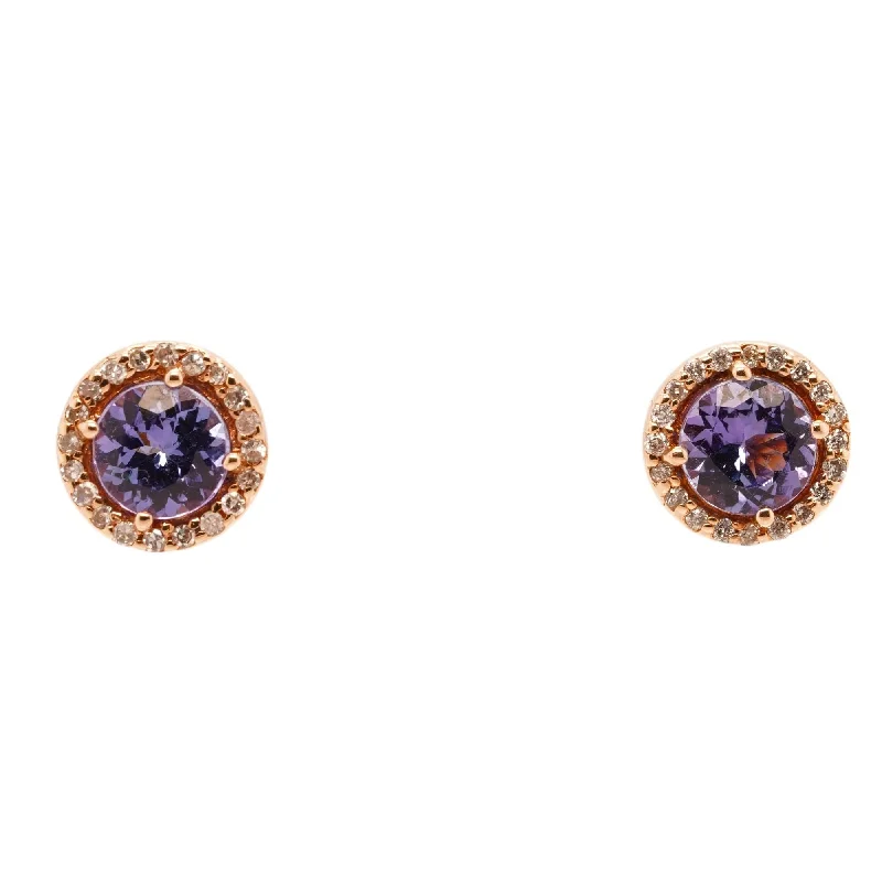 Ethnic Stud Earrings with Tribal Design -14K Rose Gold Tanzanite With Diamond Halo Stud Earrings