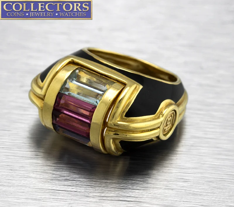 Women’s rings with rough garnet for rugged -Ladies Unique La Nouvelle Bague 18K Yellow Gold Gemstone Enamel Cocktail Ring