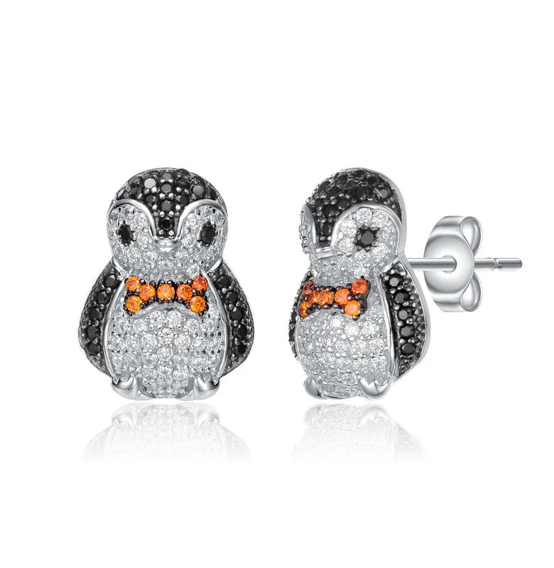 Stud Earrings for Shopping Trip -Sterling Silver Two-Tone with Multi Colored Cubic Zirconia Penguin Stud Earrings