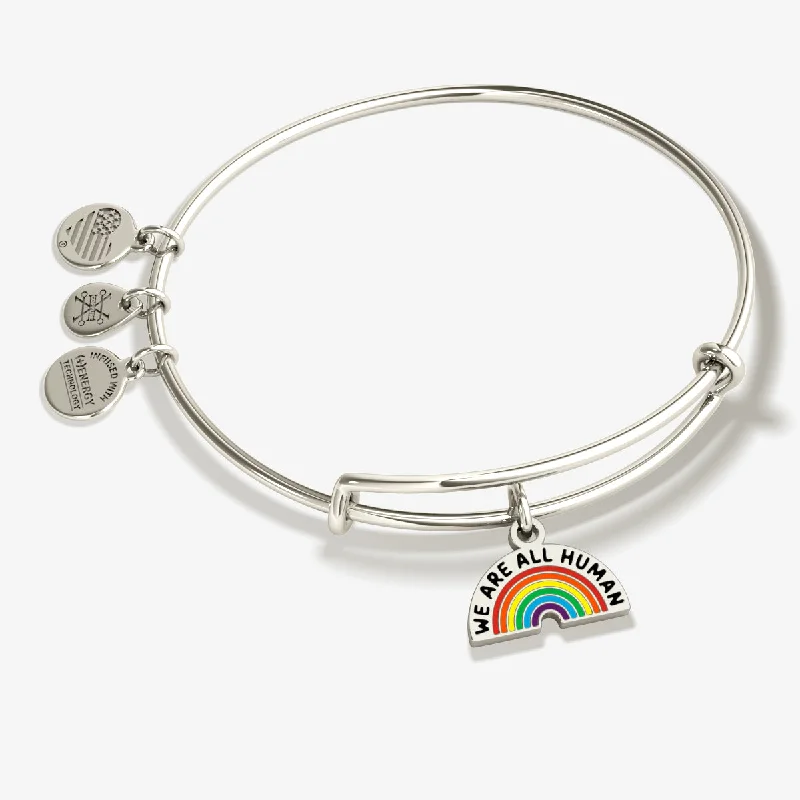 Stackable bangles with colorful enamel finishes -'We Are All Human' Rainbow Charm Bangle Bracelet