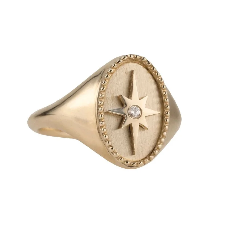 Women’s rings with tiger eye for boldness -10K Gold "Star" Signet Ring with Diamond Detail