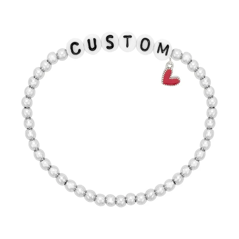 Bracelets with hematite for sleek metallic sheen -Personalized Letter Bead Stretch Bracelet with Red Heart Charm