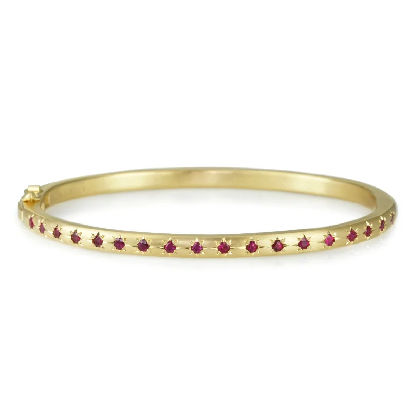 Bangles with twisted metal bands for flair -18K Gold Narrow Rounded Hinged Bangle with Star-Set Burmese Rubies