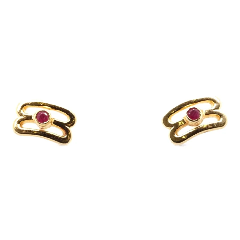 Stud Earrings for Festival Style -18K Gold Double Oval Round Red Stone Stud Earrings