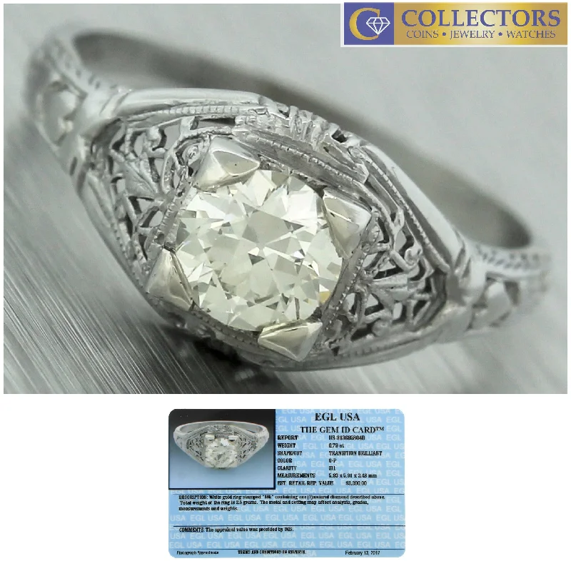 Women’s rings with pave topaz for dazzle -Antique Art Deco 18K White Gold Filigree 0.79ct Diamond Engagement Ring EGL USA