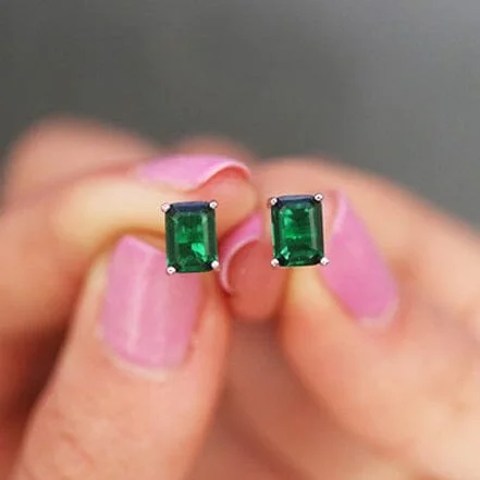 Vintage Stud Earrings with Patina -Sterling Silver 2.00 CTTW Emerald Cut Green Emerald Stud Earrings