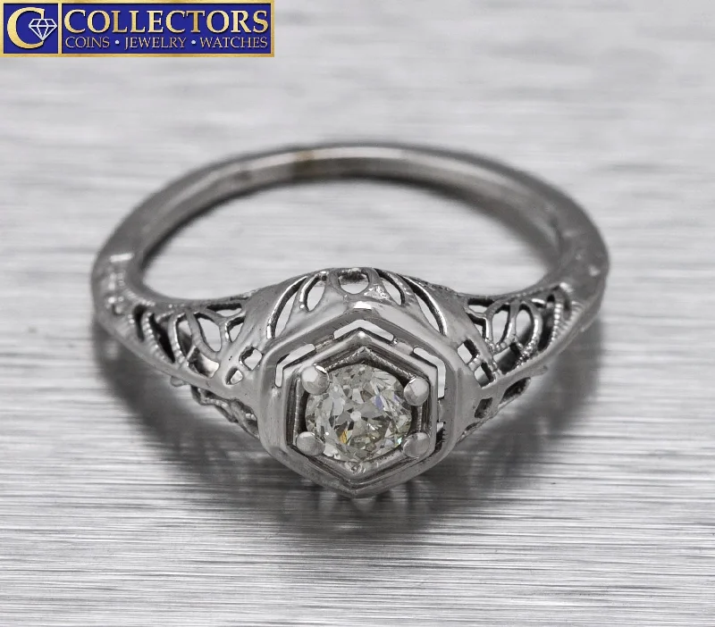 Women’s rings with clustered rose quartz stones -Antique Art Deco 14K White Gold 0.25ct Diamond Filigree Engagement Ring