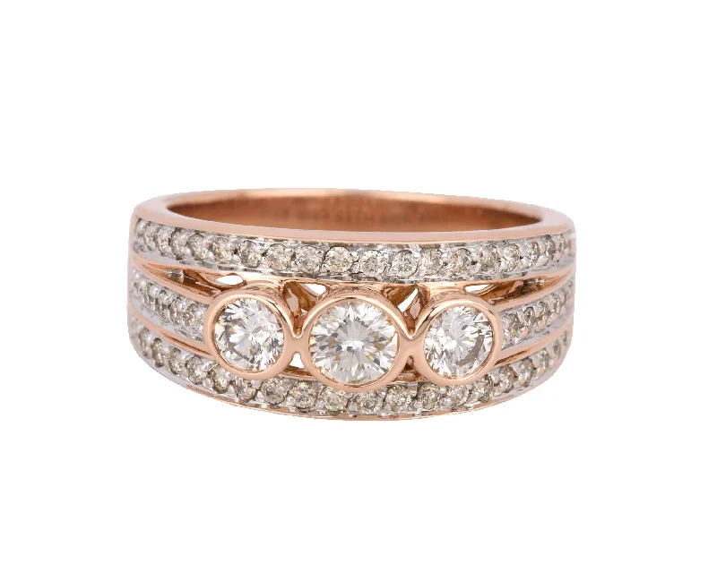 Women’s rings with engraved floral band patterns -Women's Modern 14K Rose Gold 1.07ctw Bezel Set Diamond 3-Row Cocktail Band Ring