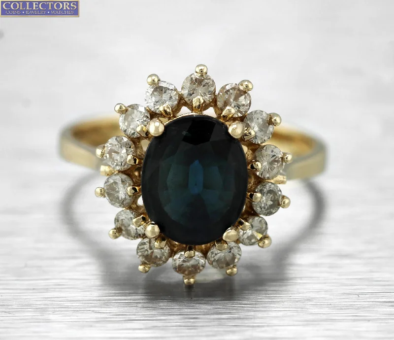 Women’s rings with faceted garnet for richness -Ladies Vintage Estate 14K Yellow Gold 1.41ctw Diamond Blue Sapphire Halo Ring