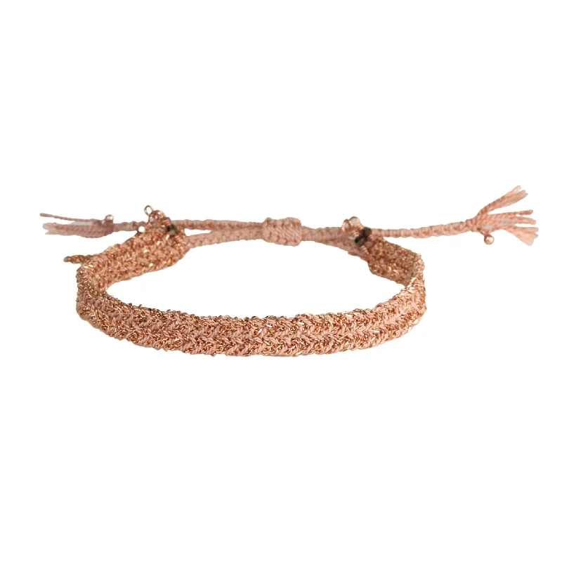 Bracelets with wave engravings for ocean vibes -Rose Gold Vermeil & Nude Silk Woven Bracelet