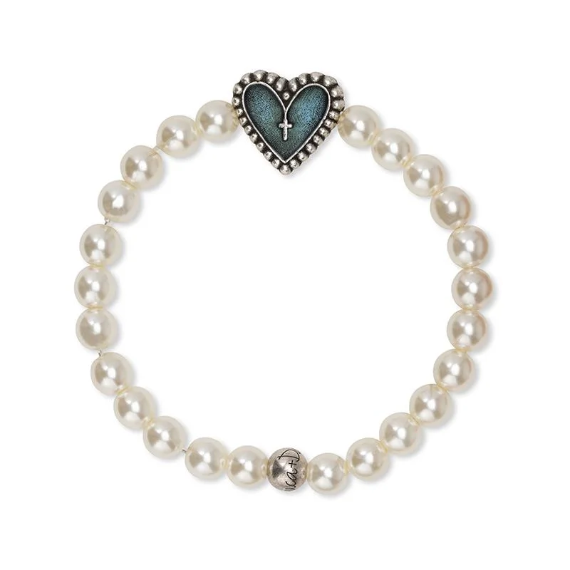 Bangles with vintage emerald for rich luxury -Rosary Heart Stretch Bracelet with Crystal White Pearl Beads