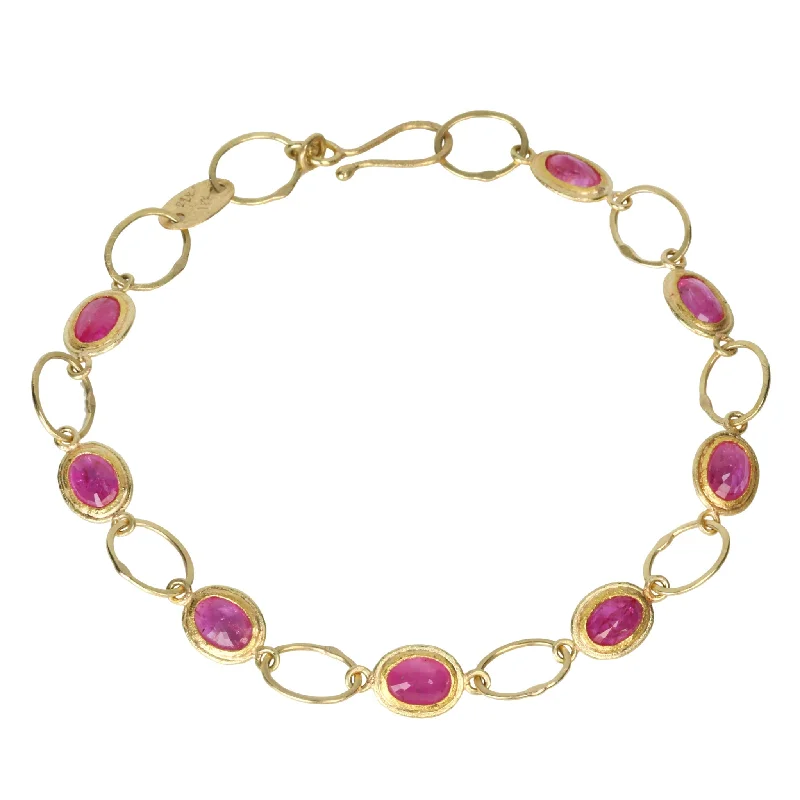 Bangles with interlocking links for uniqueness -22K Gold Handmade Oval Link Bracelet with Bezel-Set Oval Rubies