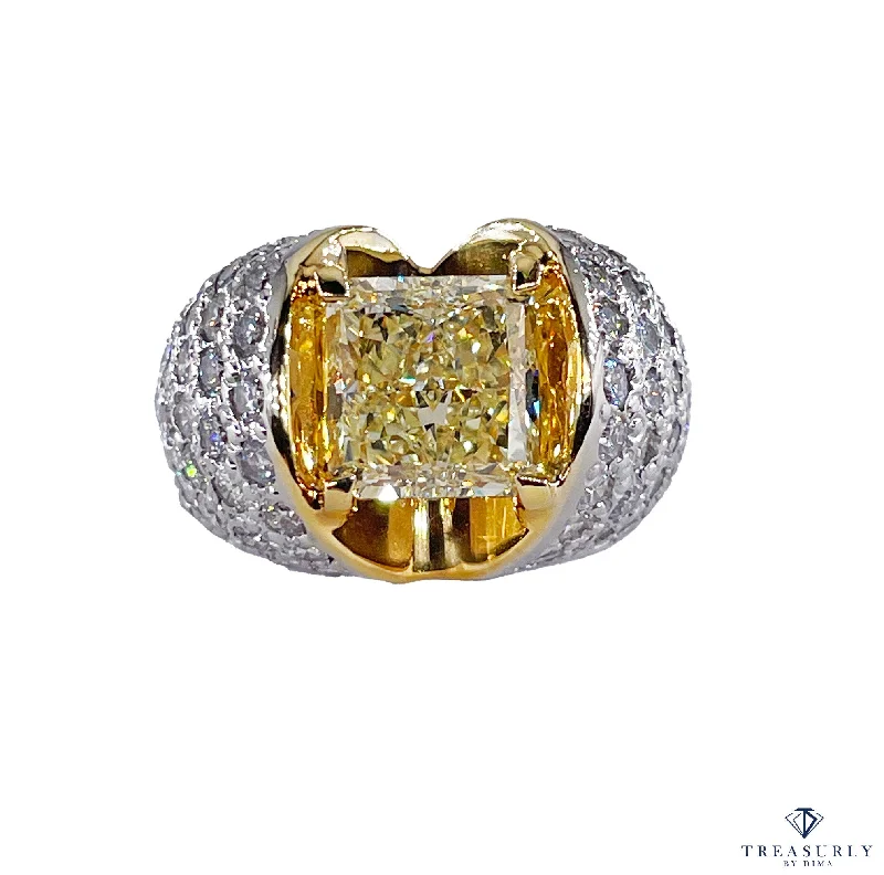 Women’s rings with crown-inspired topaz designs -Vintage “Canary” GIA 7.02ctw Natural Fancy YELLOW Radiant Cut Diamond Dome 18K Ring