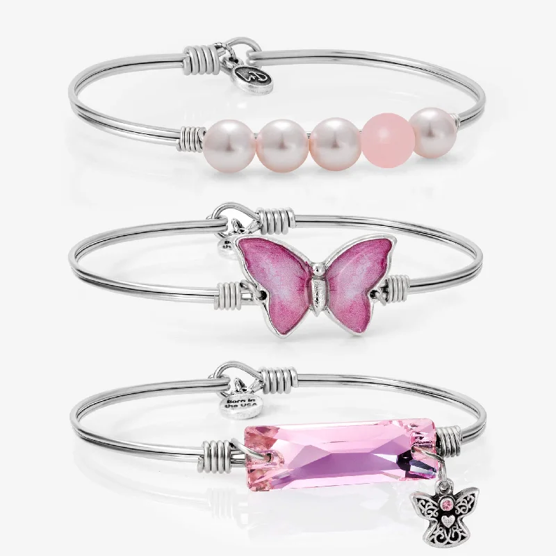 Silver bangles with polished mirror finish shine -Breast Cancer Winged Bangle Stack