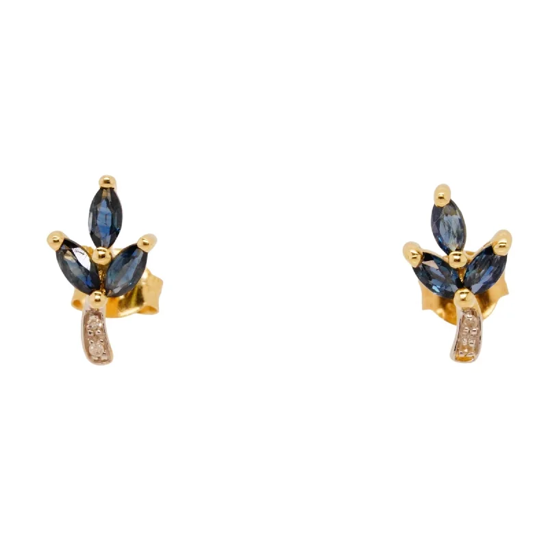 Stud Earrings with Filigree -10K Gold Blue Sapphire And Diamond Stud Earrings