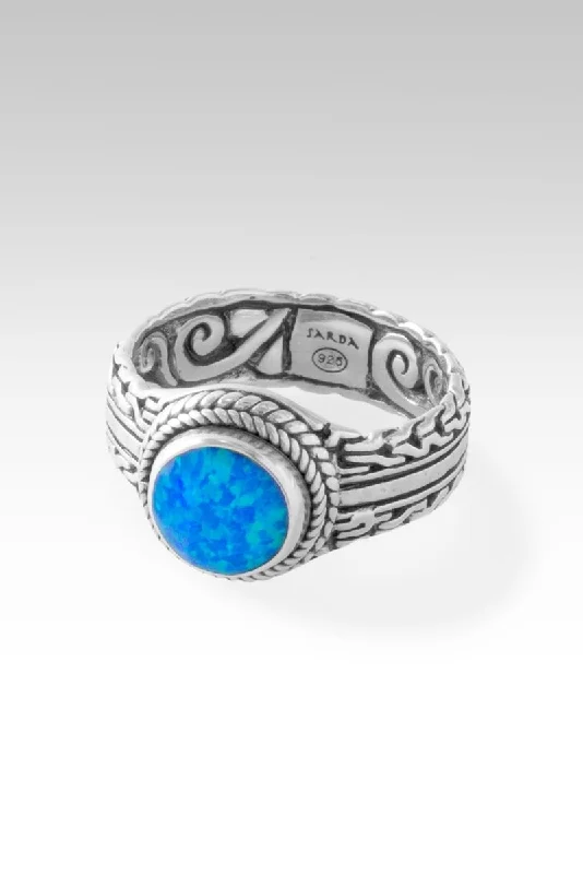 Women’s bold rings with hammered silver bands -Unyielding Resolve Ring™ in Bali Blue Simulated Opal