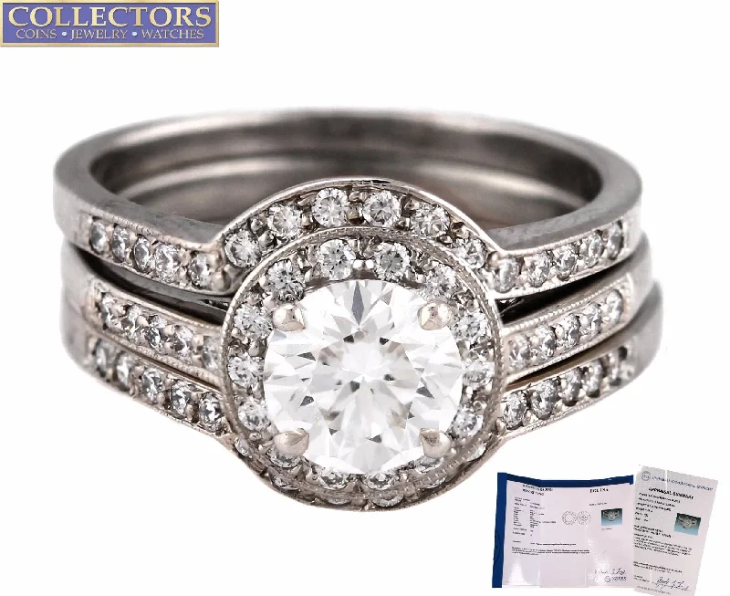 Women’s slim rings with pave sapphire accents -Ladies Platinum 1.05ct E-F Round Brilliant Diamond Halo Engagement Ring Band Set