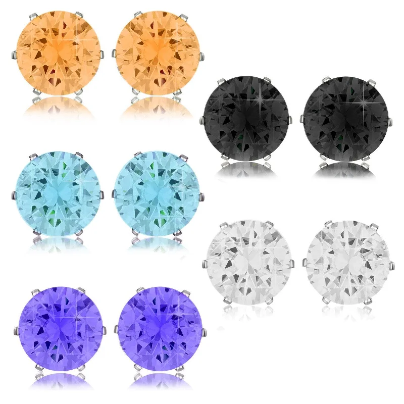 Stud Earrings with Polished Shine -Simulated Gemstone CZ Stainless Steel Stud Earrings - 5 Pair Set