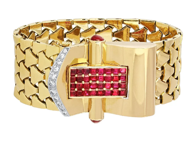 Bangles with aventurine gems for green luck -Retro Ruby and Diamond Buckle Bracelet in 18K