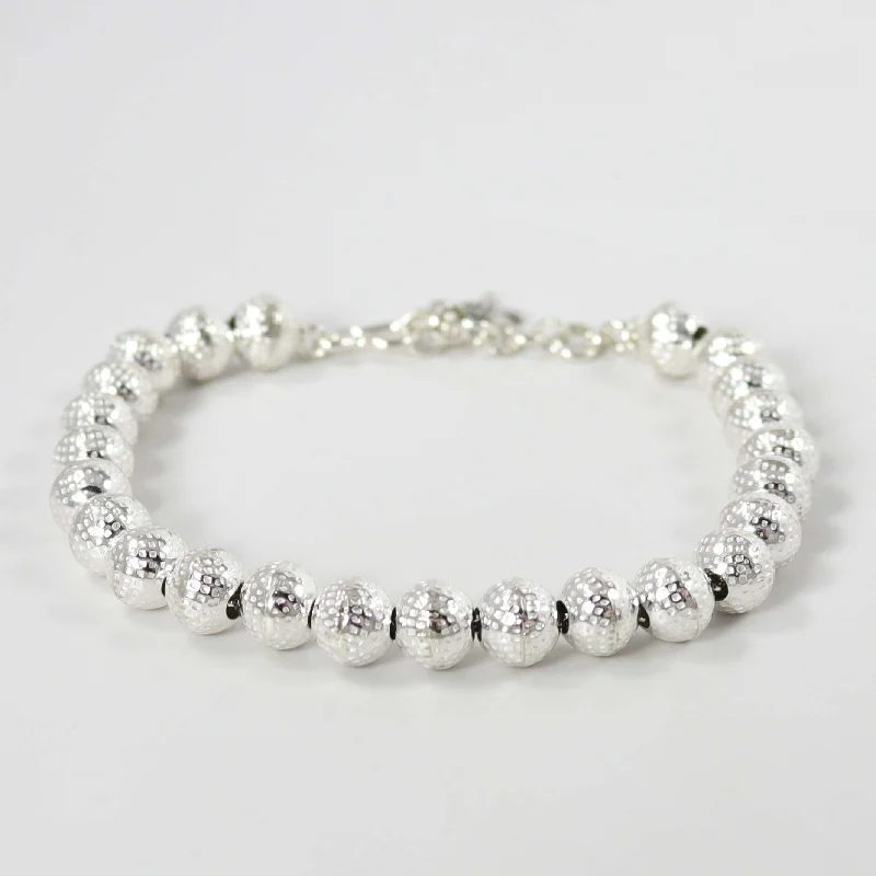 Bangles with personalized initial charm engravings -Silver Bead Bracelet