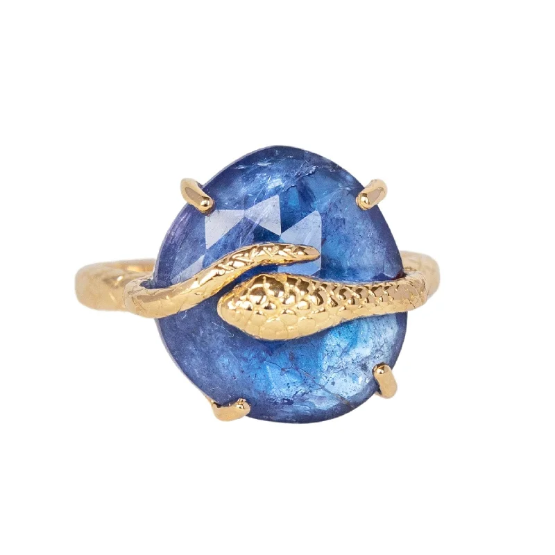 Women’s rings with lotus-inspired sapphire bands -14K Gold "Snake" Ring with Prong-Set Rose-Cut Asymmetrical Tanzanite