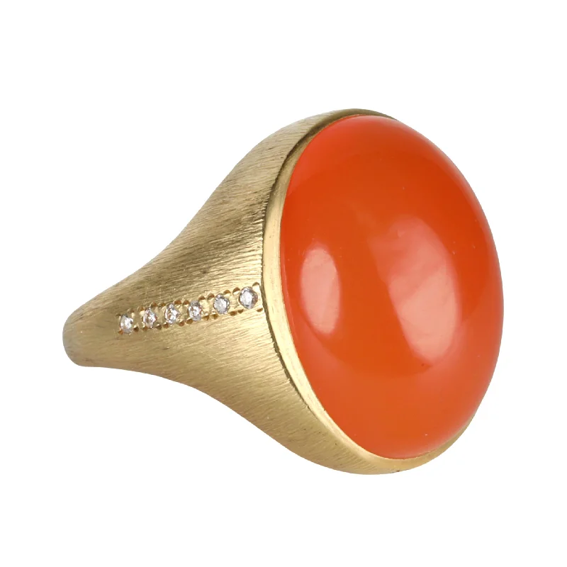 Women’s statement rings with large coral gems -18K Gold Carnelian Ring with Pave Diamonds