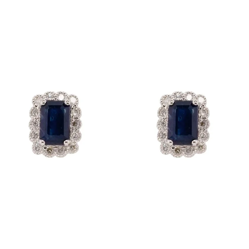 Punk Stud Earrings with Spikes -10K White Gold Emerald Shaped Blue Sapphire With Diamond Halo Stud Earrings