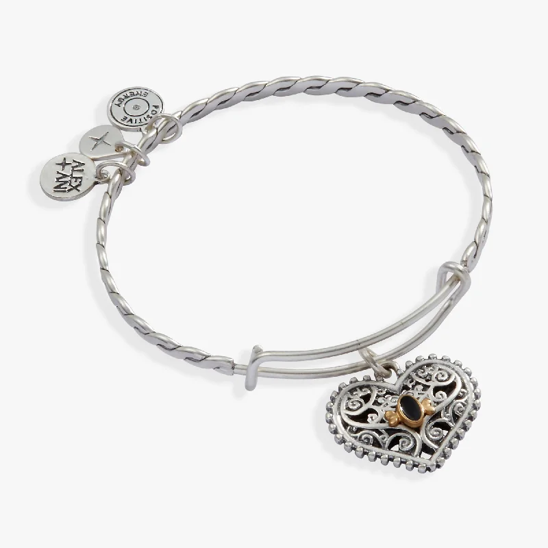 Bracelets with etched floral bands for detail -Antique Heart Charm Bangle