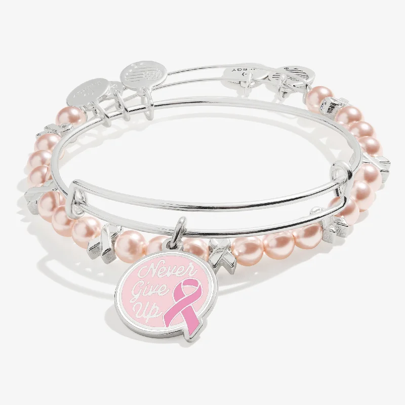 Bangles with claw-set stones for security -'Never Give Up' Breast Cancer Awareness Charm Bangles, Set of 2