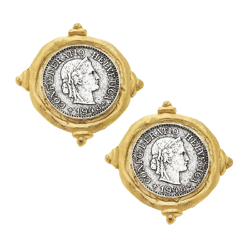 Stud Earrings with Filigree -Susan Shaw Handcast Gold and Silver Coin Stud Earrings