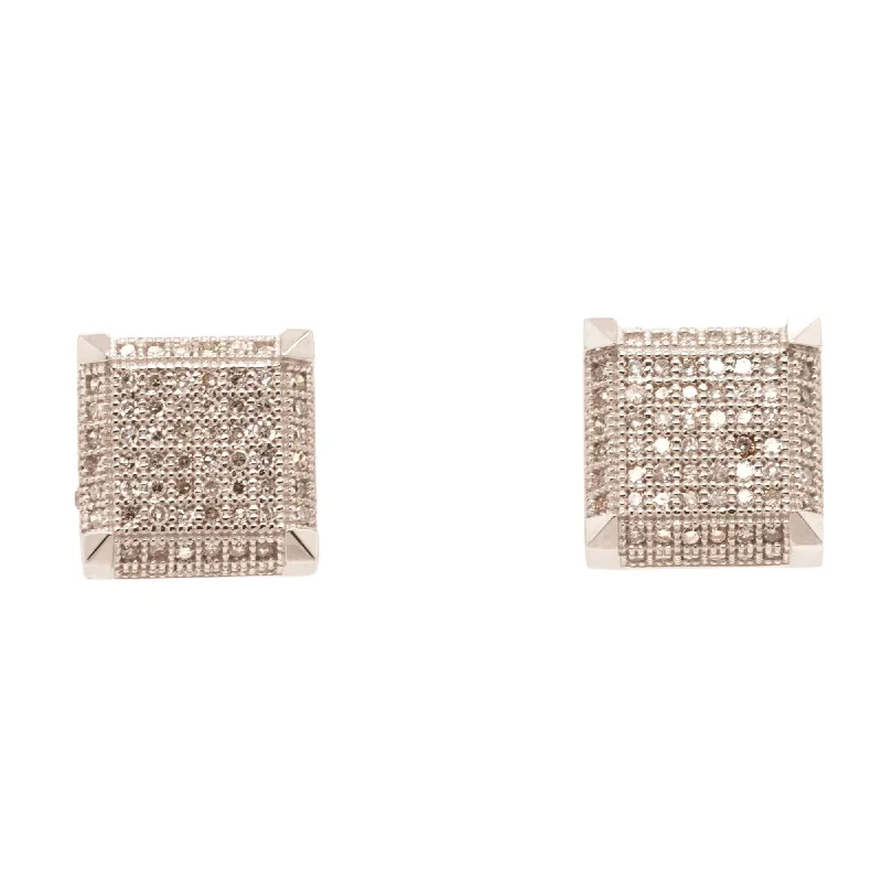 Celtic Stud Earrings with Knotwork -10K White Gold Pave Diamond Square Stud Earrings