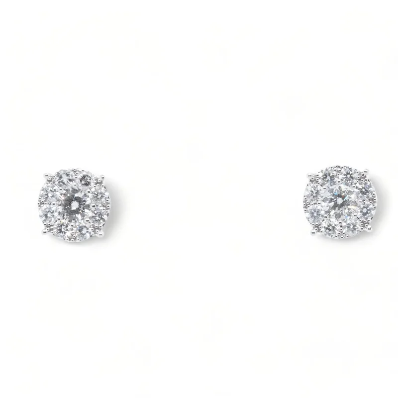 Stud Earrings for Formal Attire -18K White Gold Round Diamond Center With Halo Stud Earrings